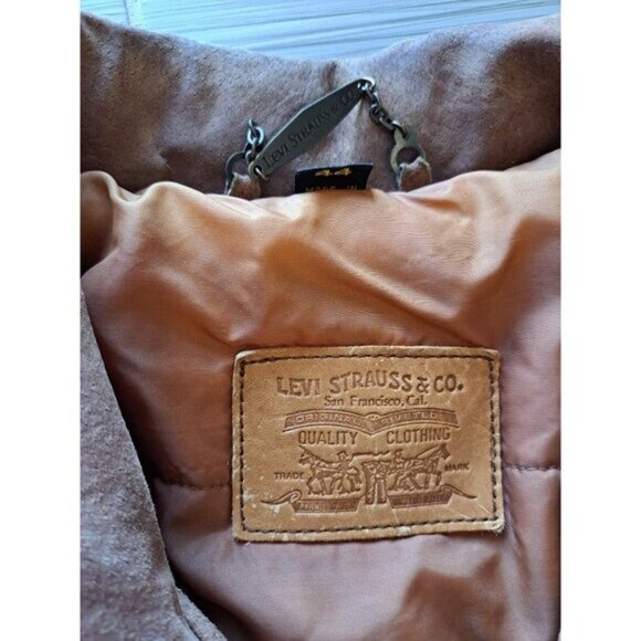 Vintage Levis Mens Bomber Brown Suede Jacket Size 44 L Button Cuffs Zip Front - Picture 2 of 12